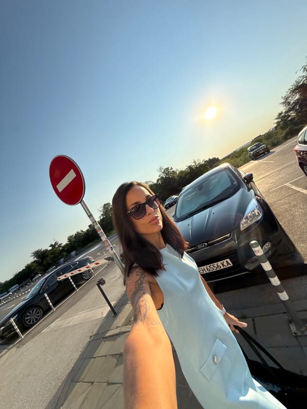 Selfie session in a Pleven parking lot, sunset evening.