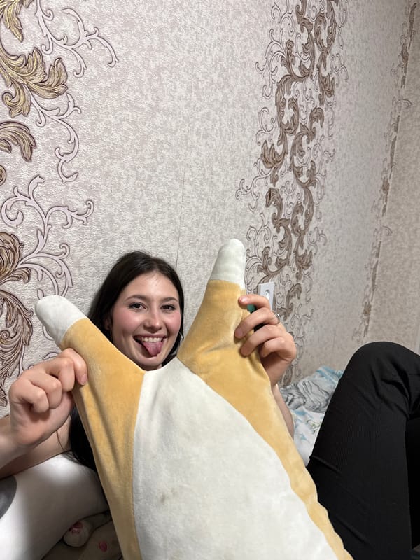 Woman plays with corgi pillow on bed in Russia