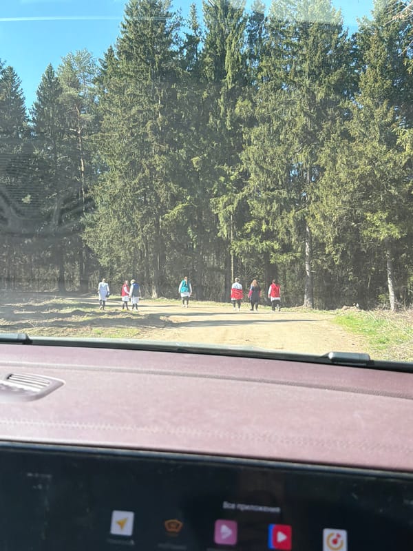 Group in matching red-accented clothing walks wooded path in Chaikovsky