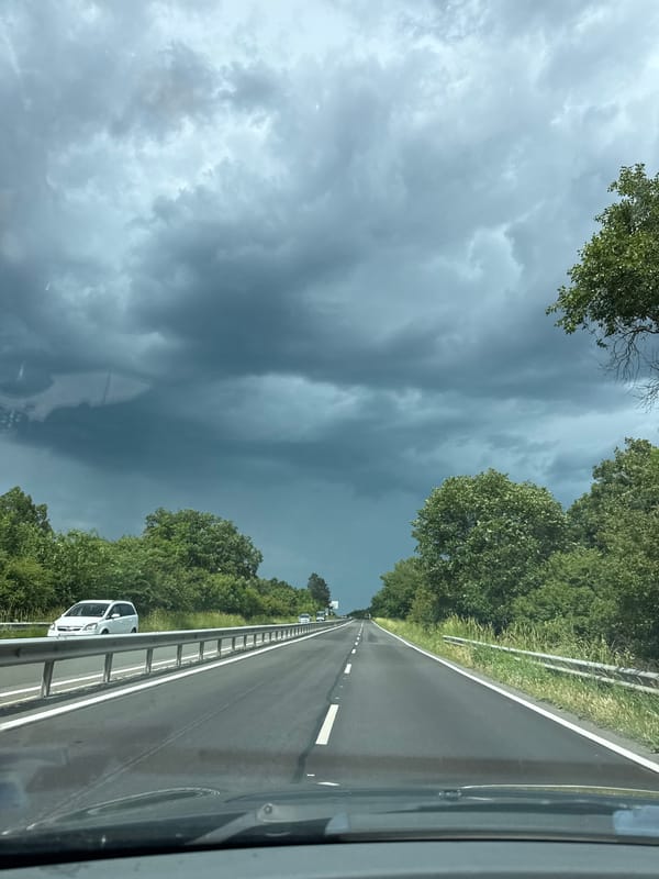 Driver travels highway through Atiya, Bulgaria countryside