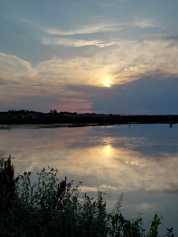 Sunset to nightfall at a lakeside spot near Lake Balkhash
