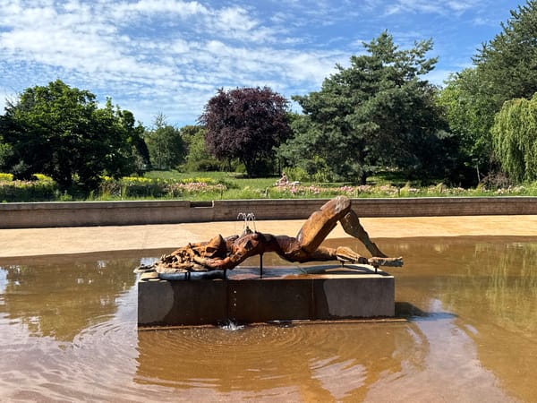 Bronze fountain sculpture and a dog cooling off in Warsaw