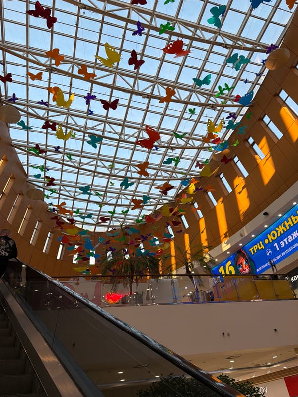 Exploring a Russian shopping mall's atrium, shops, and attractions
