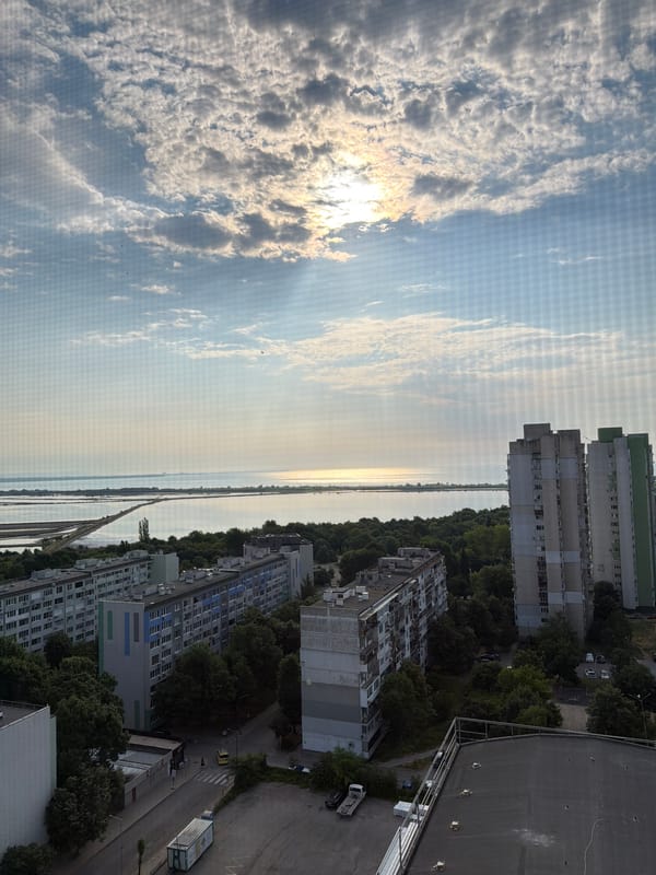 Aerial Burgas views paired with an indoor vanity snapshot