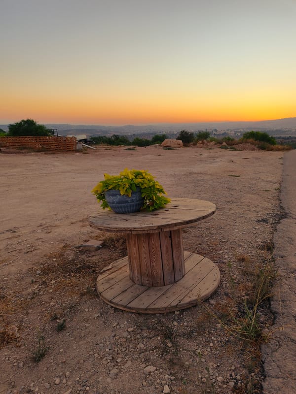 Dusk settles over a casual outdoor setup in Lachish, Israel