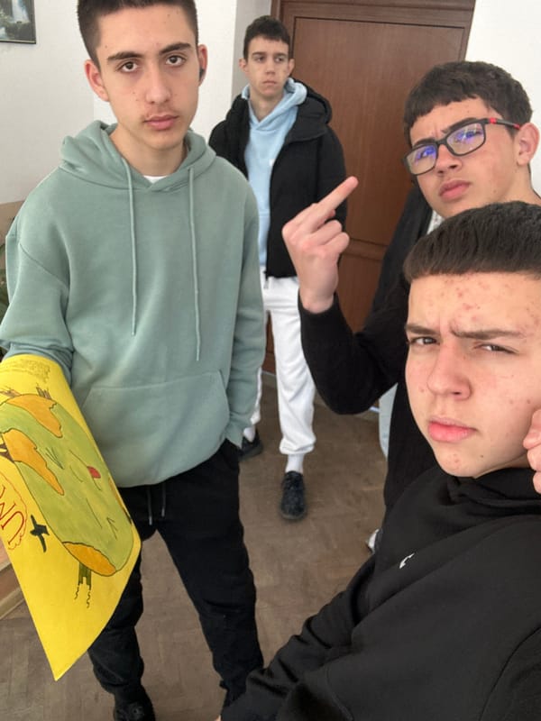 Students present environmental protection poster in Bulgarian classroom