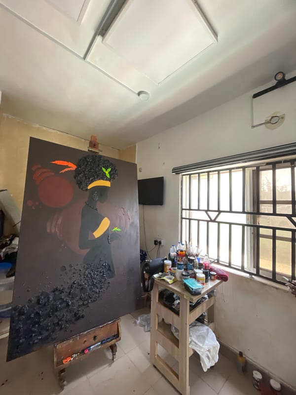 Artist paints Black woman portrait in Ado studio