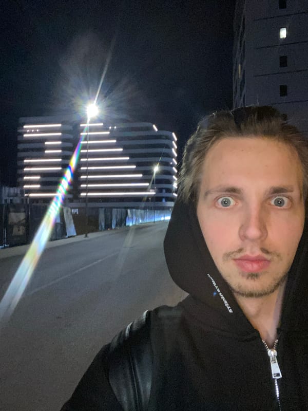 Man takes nighttime selfie in Bar, Montenegro