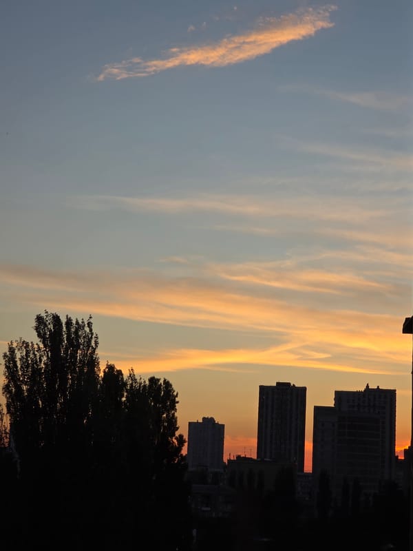 Kyiv at dusk: neighborhood rooftops, rising moon, fading sky