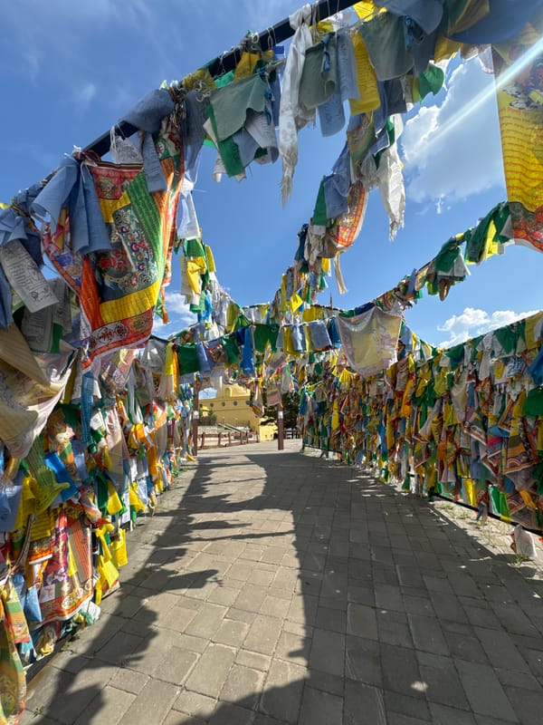 Buddhist monastery grounds in Ulan-Ude, draped in prayer flags