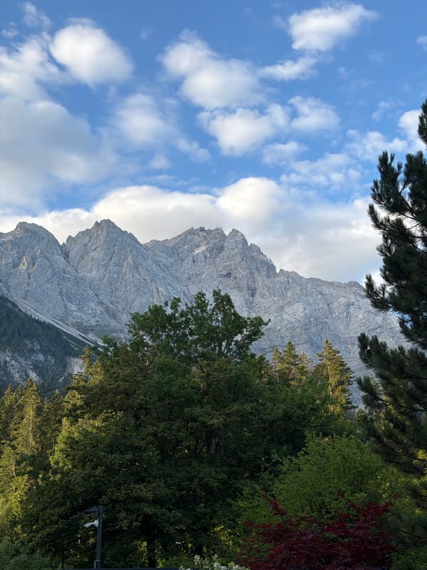 Grainau gardens and Zugspitze views, July morning