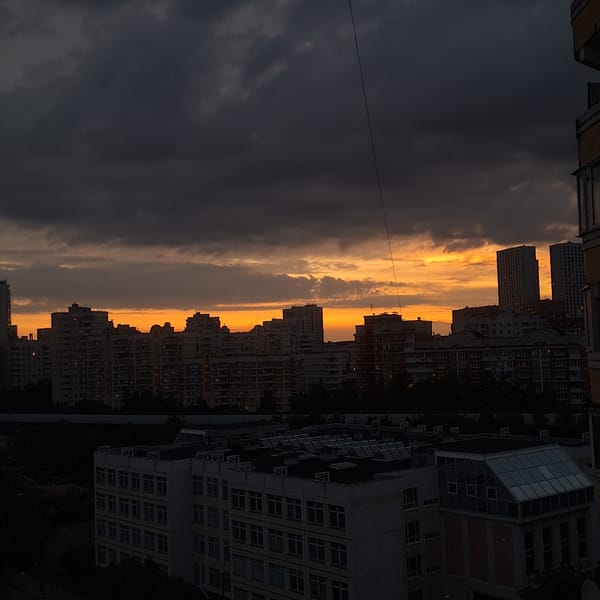 Moscow skyline photographed at sunset with dramatic storm clouds