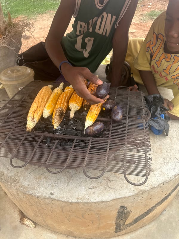Street food and heavy construction activity along Gwarinpa's dusty roads
