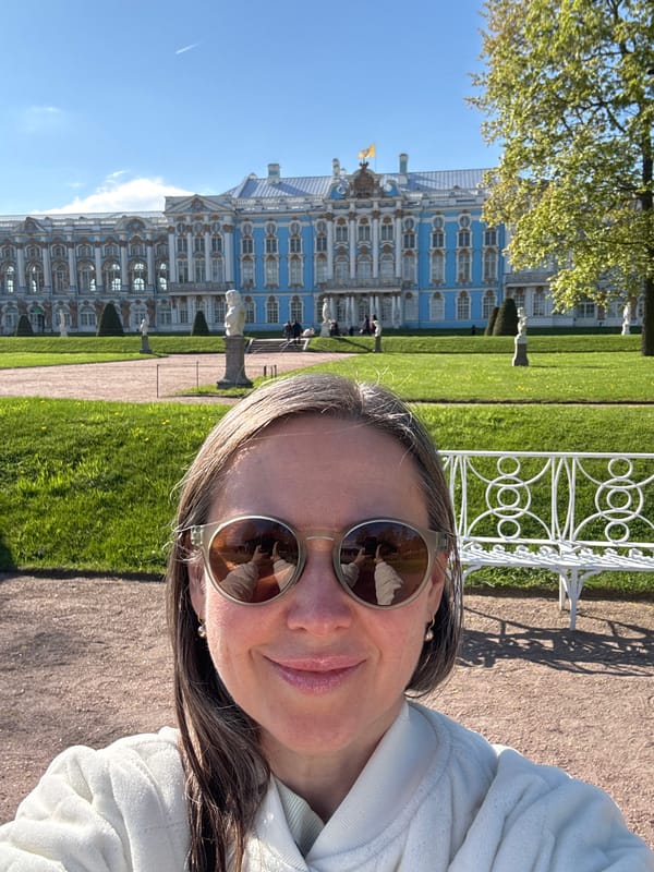 Tourist visits Catherine Palace grounds in Pushkin, Russia