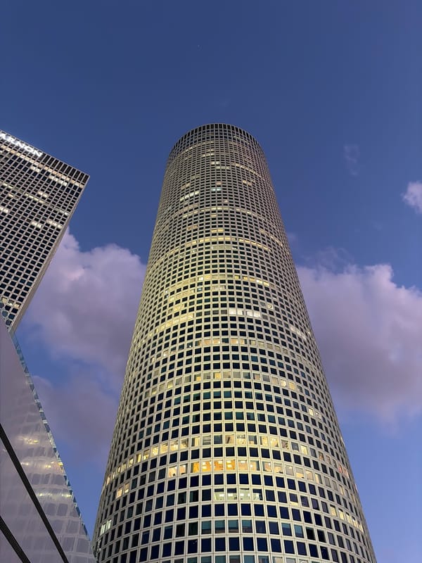 Modern skyscrapers photographed at dusk in Givatayim, Israel