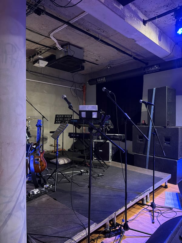 Urban musical performance staged with instruments and sound equipment