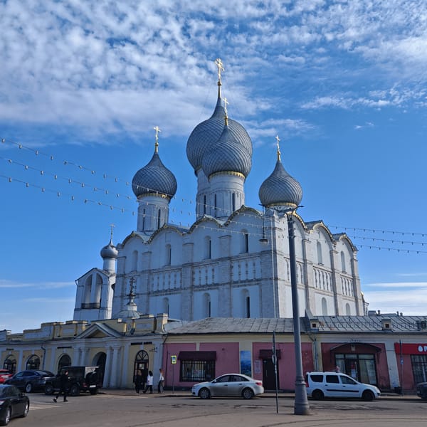 Orthodox church with golden domes photographed in Novo-Nikol'skoe, Russia