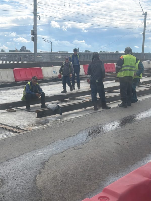 Bridge and tram track repairs in progress, central Saint Petersburg