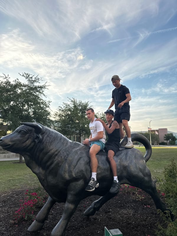Three men climb bronze bull statue in Tampa