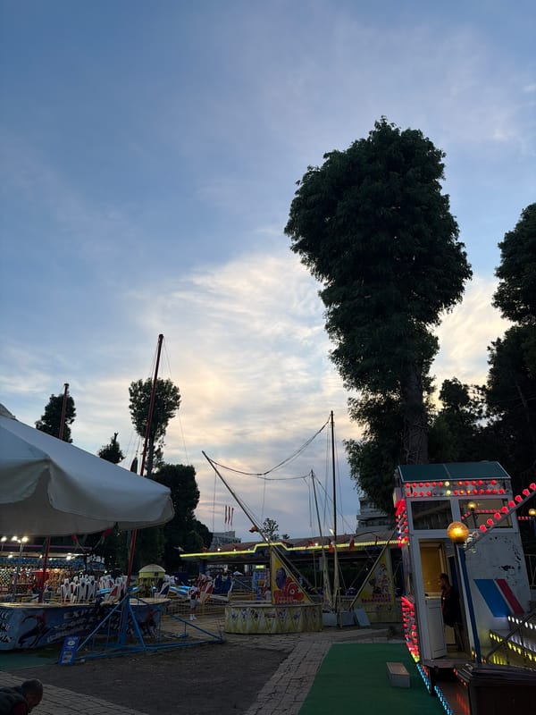 Evening amusement park operations captured across rides and vendors