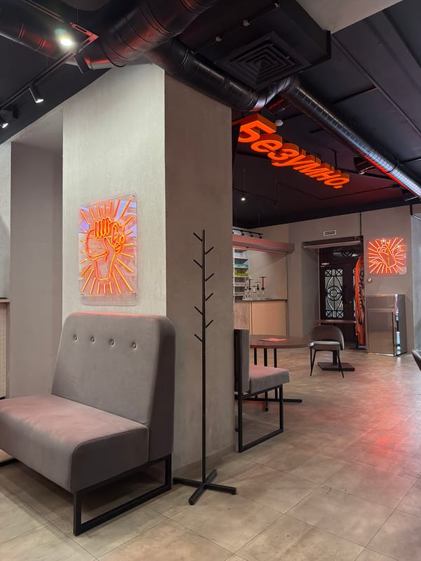 Restaurant interior and signage documented in Krasnoyarsk, Russia
