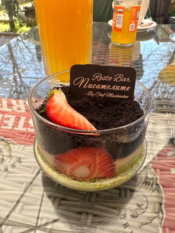 Layered dessert served at outdoor restaurant in Hisarya, Bulgaria