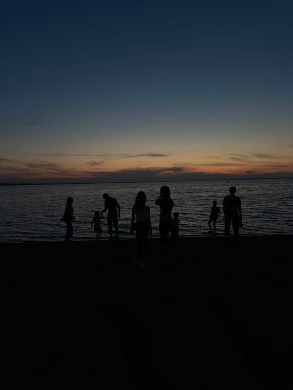 Dusk gathering on a calm Kokshetau lakeshore