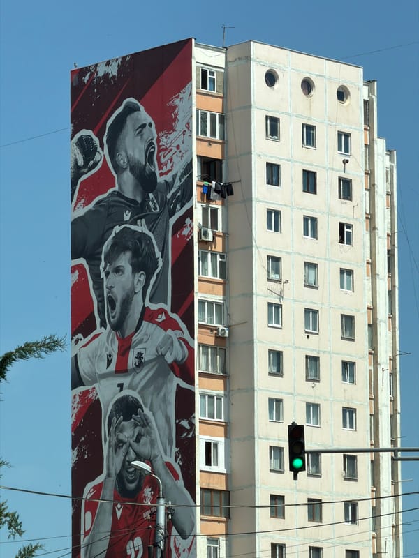 Street scenes documented in Tbilisi featuring murals and flag