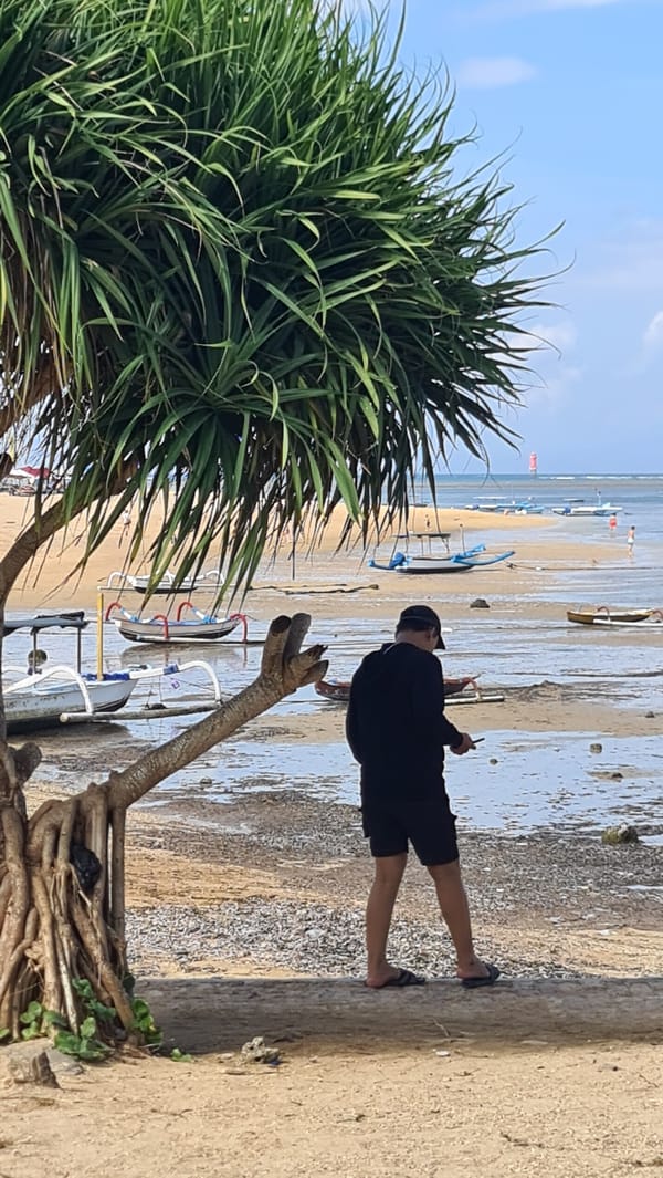 Sanur Beach morning: kitesurfers, strollers, and shoreline calm