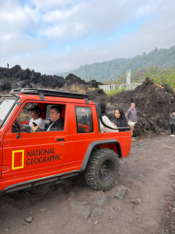 Exploring Kintamani's volcanic lava fields with National Geographic vehicles