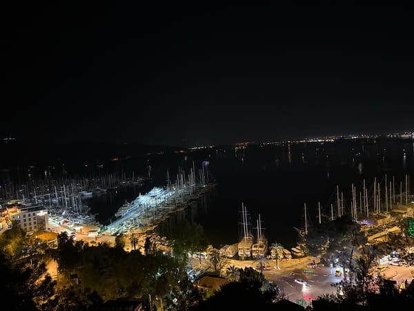 Nighttime harbor views captured across Fethiye marina, Turkey