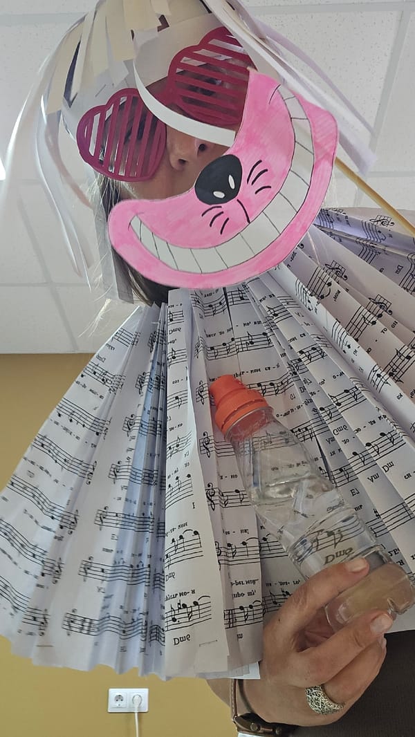 Costume party participants wear handmade outfits with cat masks