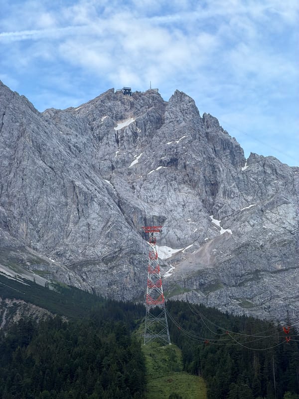 Morning views of Zugspitze's summit, cable cars, and rocky terrain