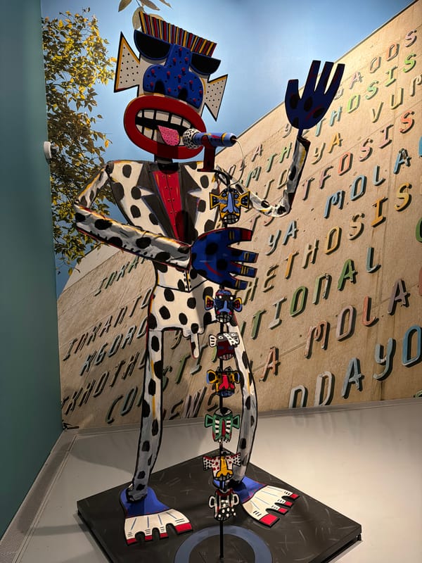 Art exhibition featuring mixed media installations observed in Cape Town