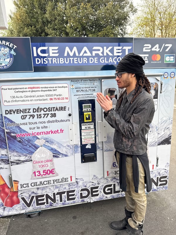 Man at ice vending machine amid cloud formations in France