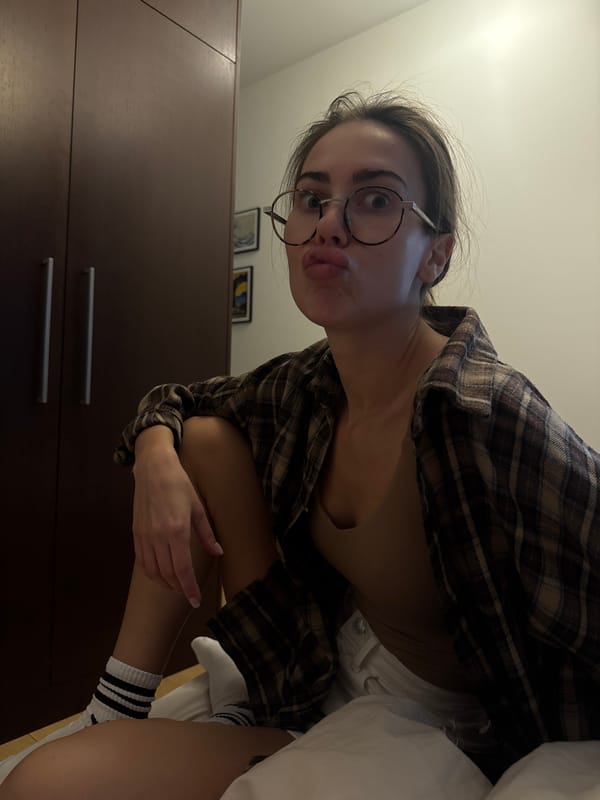 Woman in plaid shirt rests indoors, captured from multiple angles