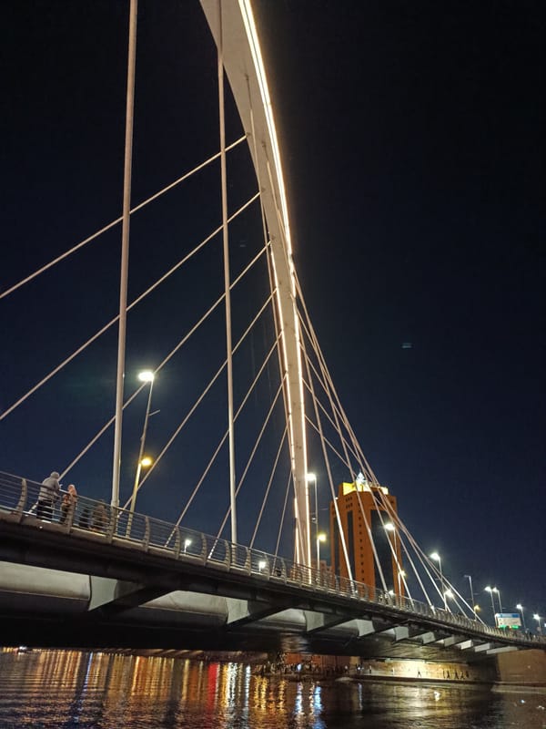 Astana's Ishim River bridges and skyline lit up at night