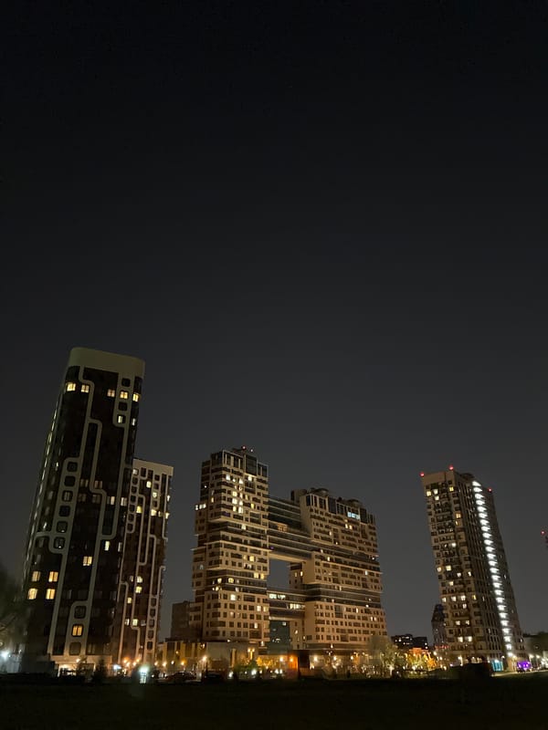 Moscow evening captures spring blooms, lit buildings, inspirational projection