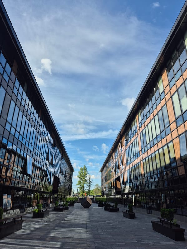 Morning at a Saint Petersburg office complex, inside and out