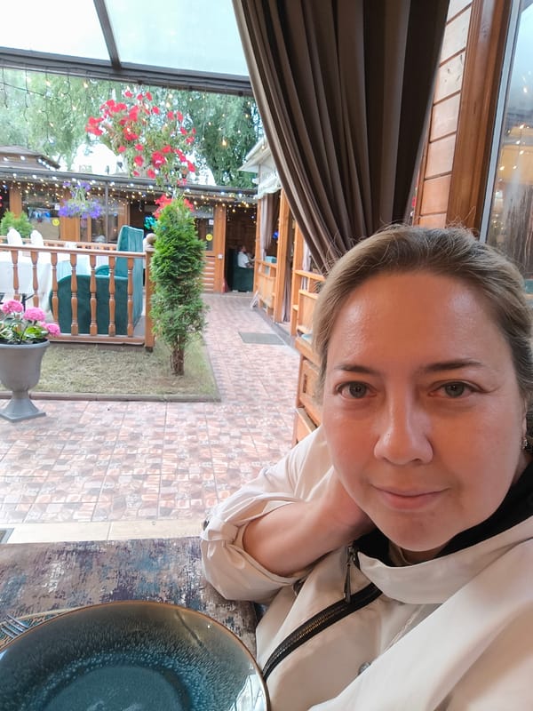 Evening at a decorated cafe-restaurant complex in Khimki