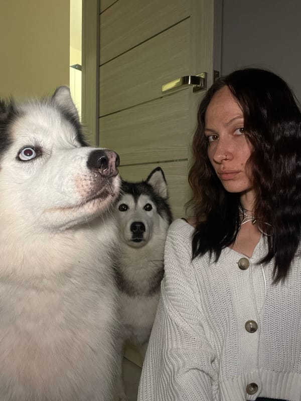 Woman photographed with two huskies indoors in Izhevsk