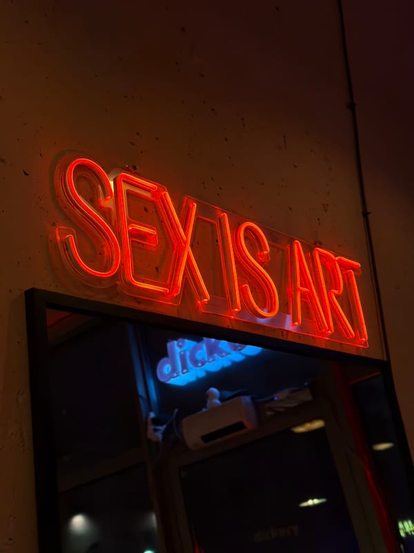 Red neon sex shop sign observed on Gdańsk building