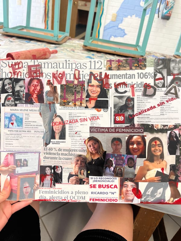 Person displays women's violence awareness collage in Puebla