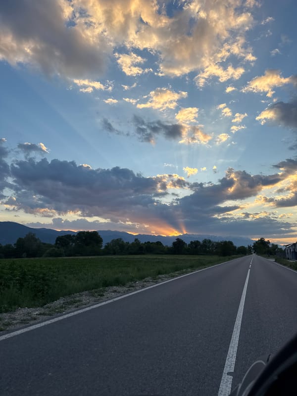 Rural road documented during sunset near Hvostiane, Bulgaria