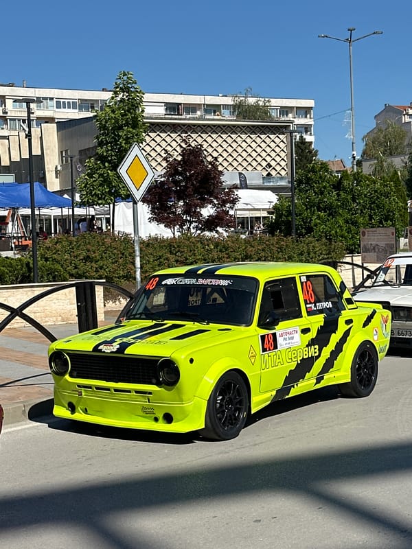 Rally cars line up in Gorna Oryahovitsa town center