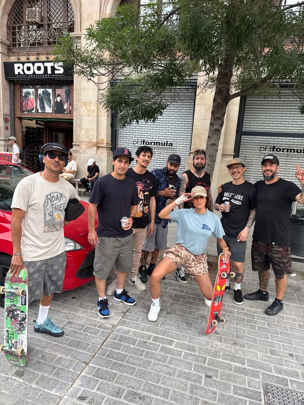 Skateboarding activities documented at ROOTS Barcelona shop and vicinity