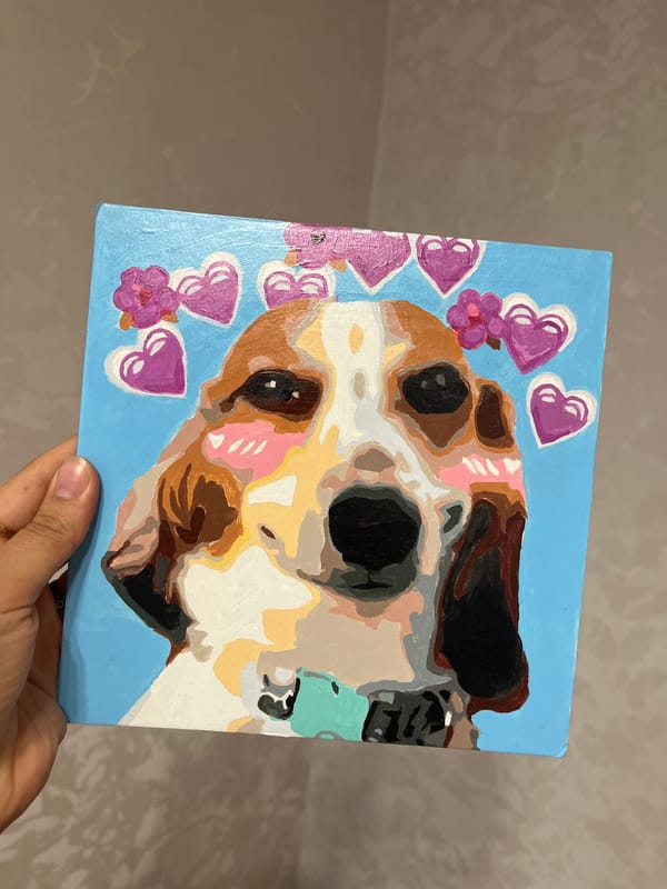 Art meets gaming: dog painting and Groot figure spotted indoors