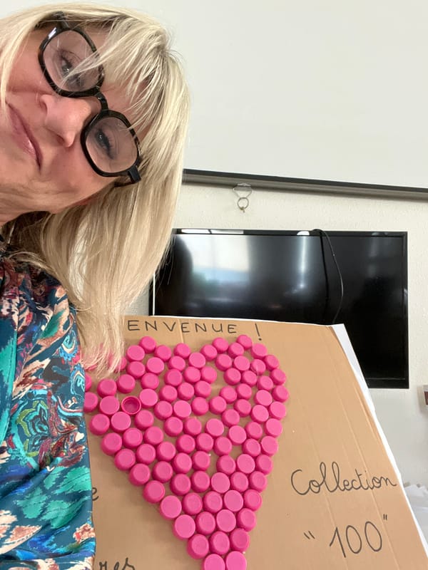 Woman documents colorful bottle cap collection project in France