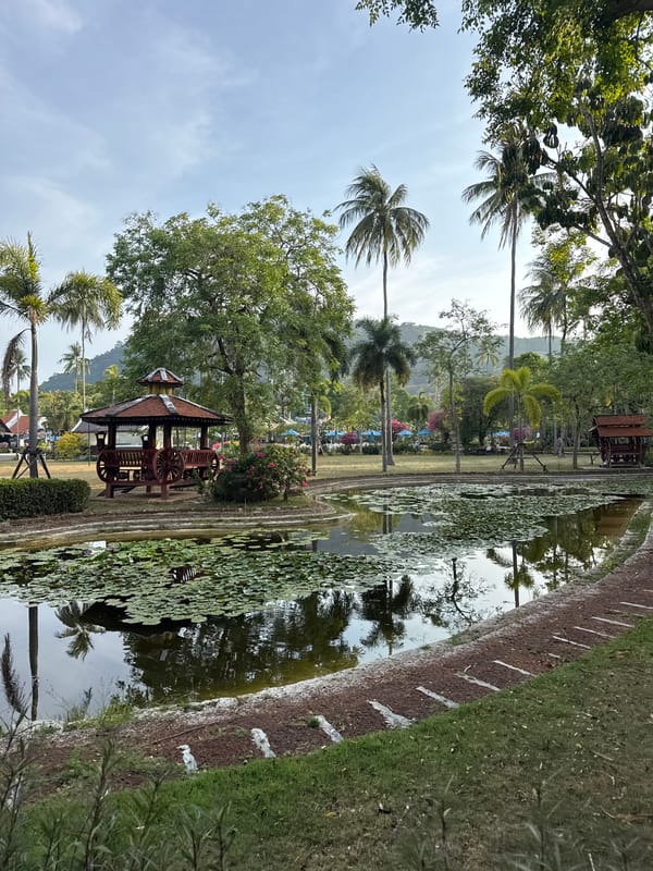 Quiet morning at Patong park pond with gazebo