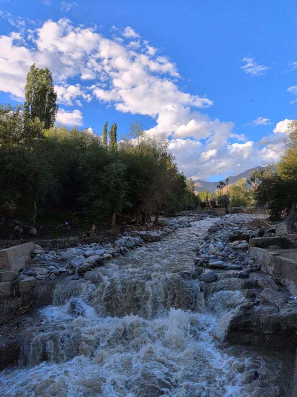 Murky river surges through rocky Leh valley on sunny afternoon